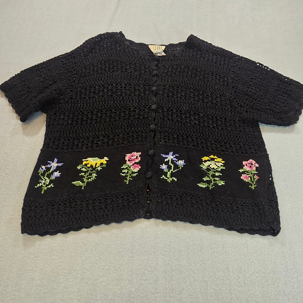 Teddi Vintage Black Crochet Knit Floral Cross Stitch Cardigan Sweater XL